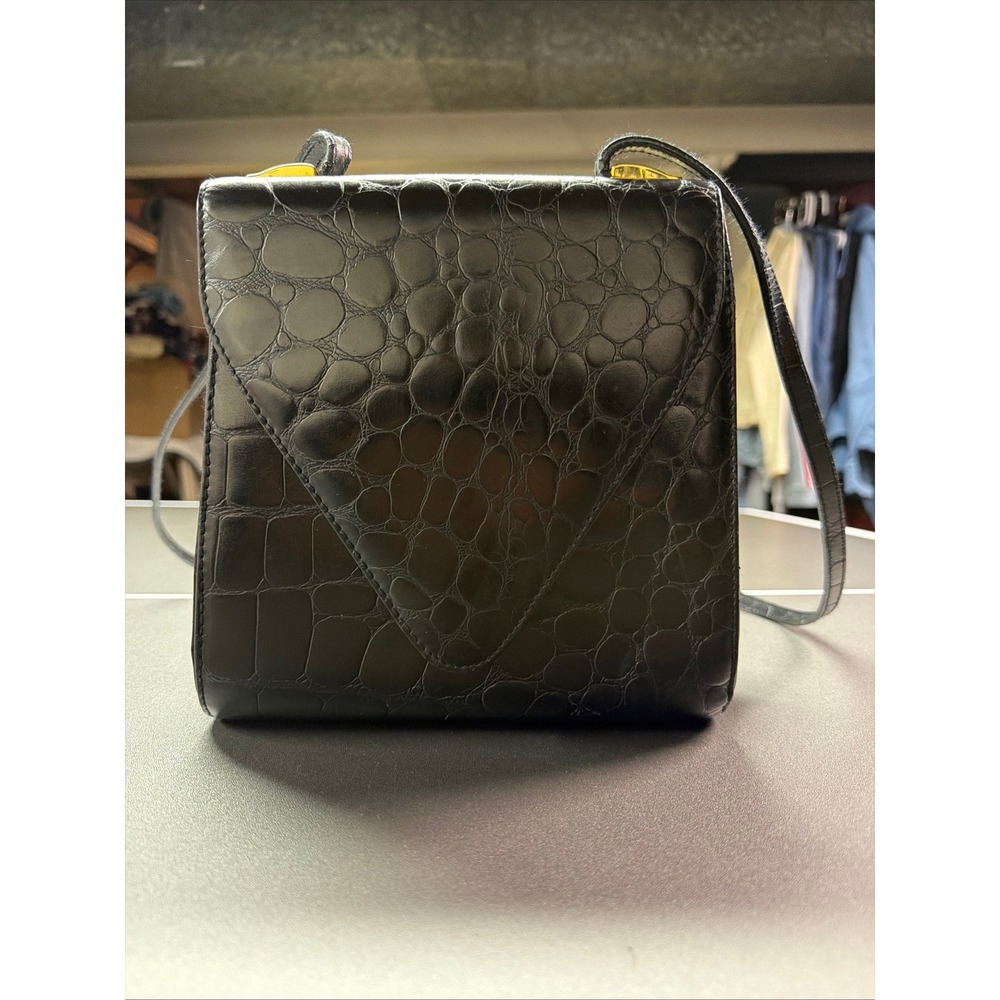 Valerie Stevens Black Croc Embossed Leather Crossbody Bag Envelope Flap Square